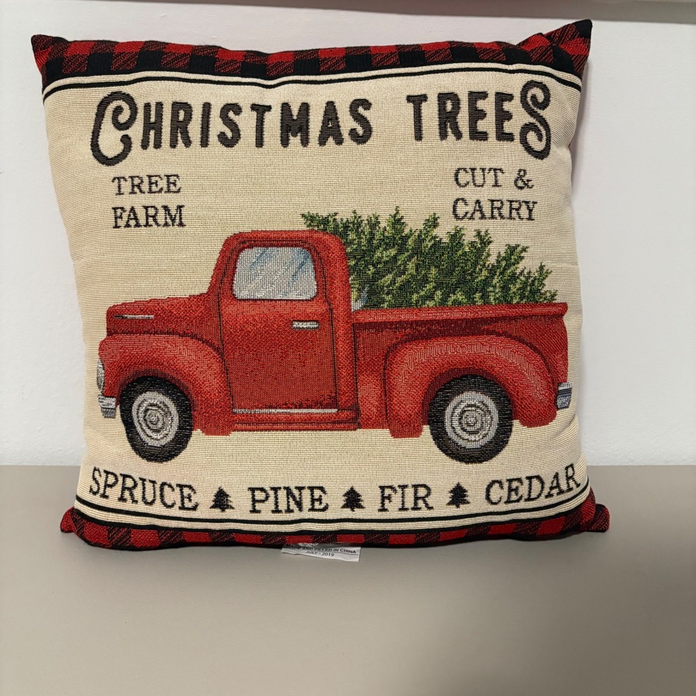 Christmas Trees Red Truck Farm Rustic‎ Holiday Decorative Pillow Accent 17x17